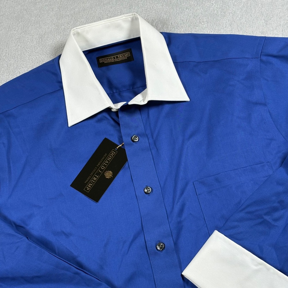 Donald J Trump Mens Dress Shirt 16.5 34/35 Blue French Cuff Non-Iron MAGA